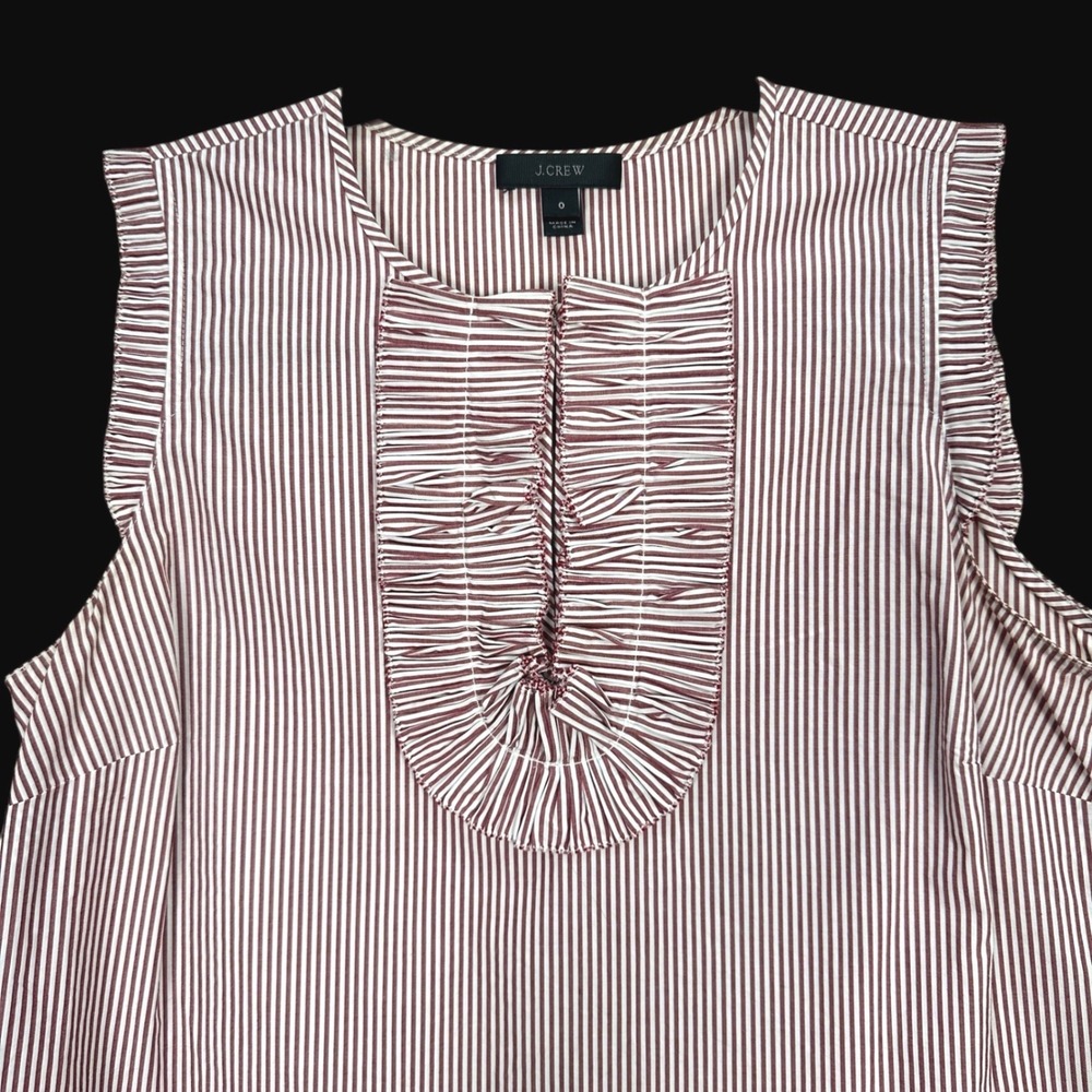 J.Crew Womens 0 Burgundy White Striped Ruffle Sleeveless Bib Blouse Top 3883150